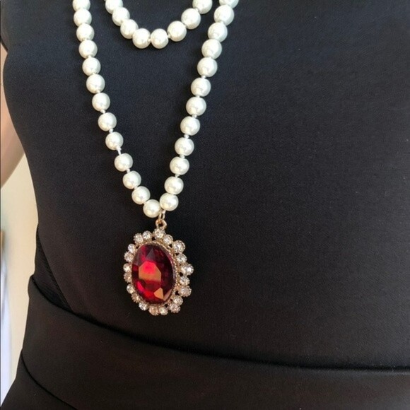 Handmade Layered Glass Pearl Long Red Pendant Necklace - Picture 3 of 7